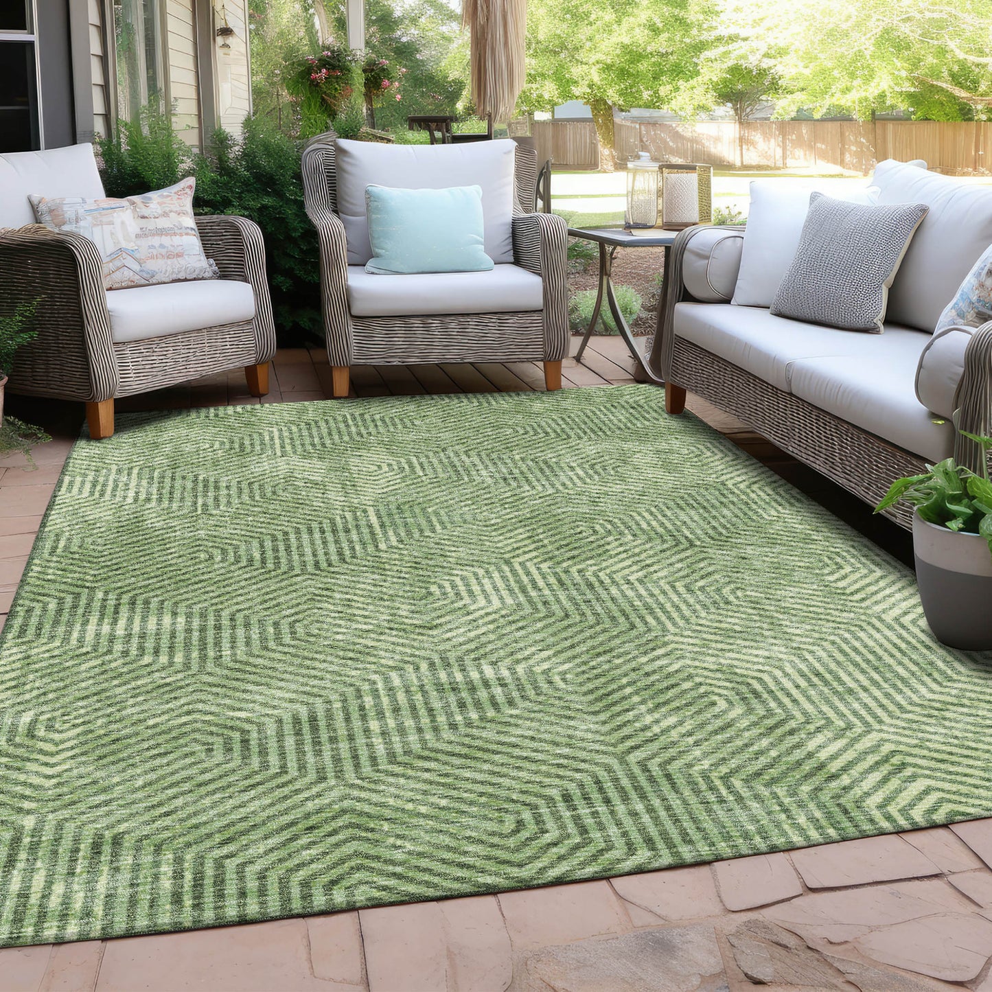 Tabselect Home Line 5' X 8' Green And Light Green Geometric Washable Indoor Outdoor Area Rug