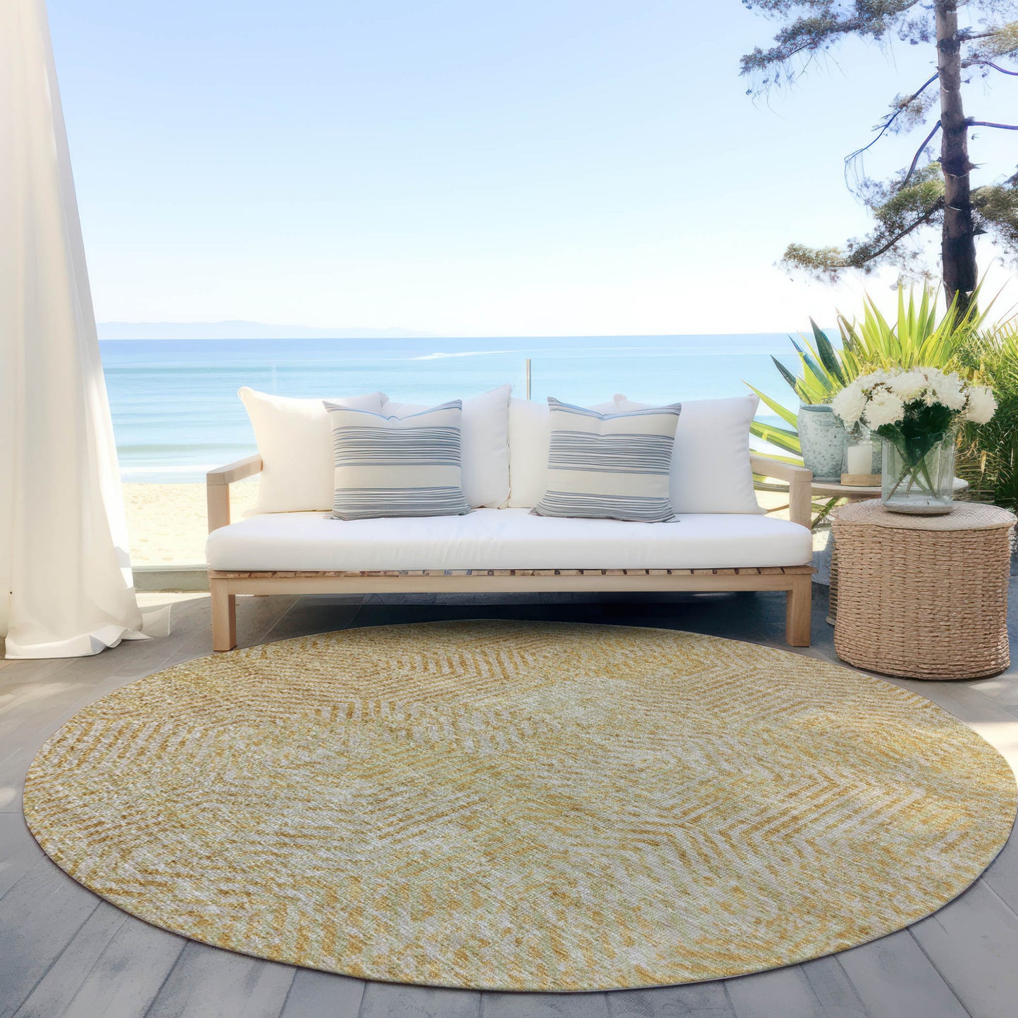 Tabselect Home Line 8' Gold And Beige Round Geometric Washable Indoor Outdoor Area Rug