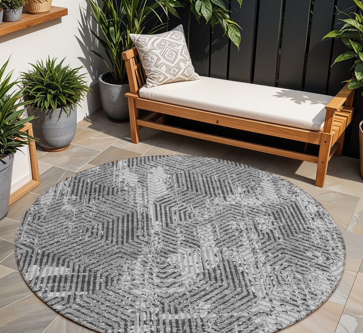 Tabselect Home Line 8' Gray And Charcoal Round Geometric Washable Indoor Outdoor Area Rug