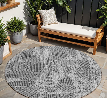 Tabselect Home Line 8' Gray And Charcoal Round Geometric Washable Indoor Outdoor Area Rug