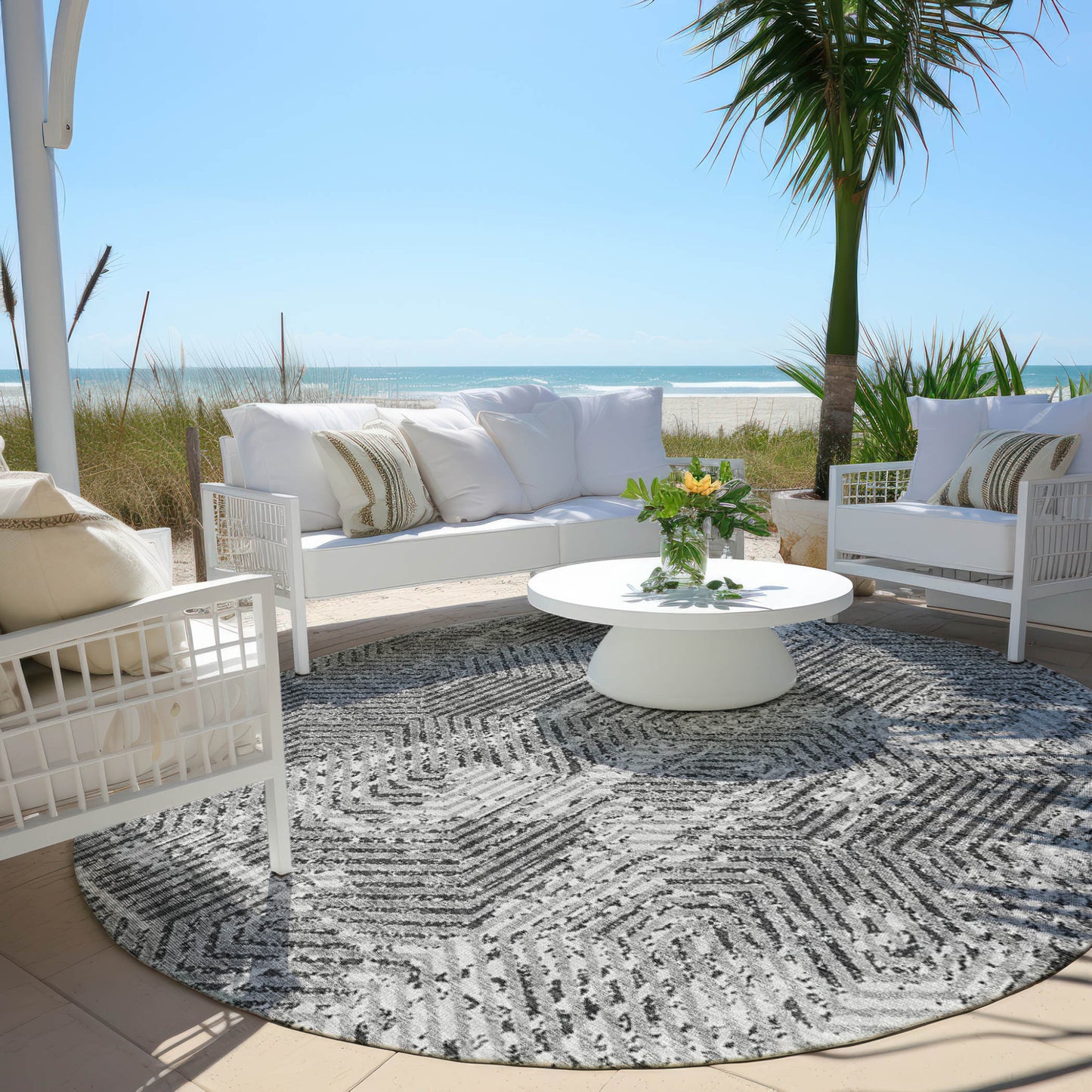 Tabselect Home Line 8' Gray And Charcoal Round Geometric Washable Indoor Outdoor Area Rug