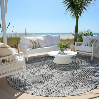 Tabselect Home Line 8' Gray And Charcoal Round Geometric Washable Indoor Outdoor Area Rug