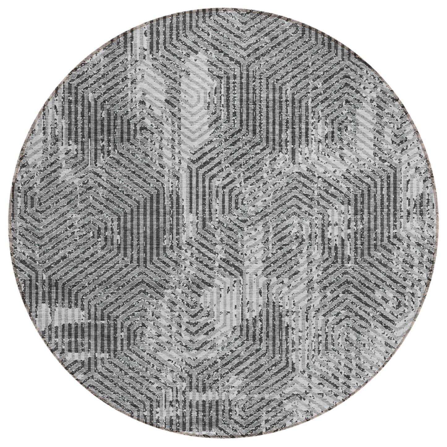 Tabselect Home Line 8' Gray And Charcoal Round Geometric Washable Indoor Outdoor Area Rug