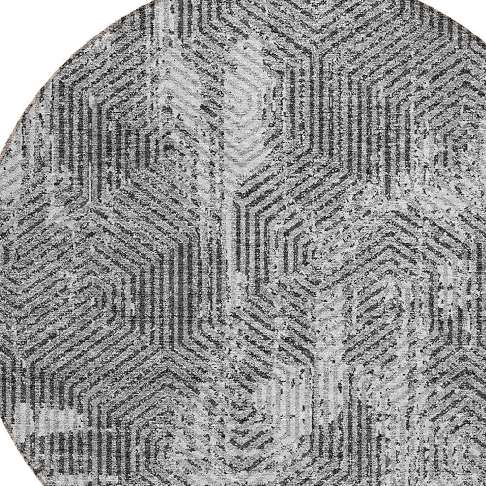 Tabselect Home Line 8' Gray And Charcoal Round Geometric Washable Indoor Outdoor Area Rug