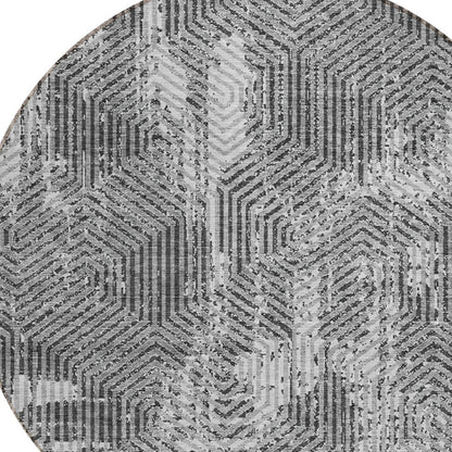 Tabselect Home Line 8' Gray And Charcoal Round Geometric Washable Indoor Outdoor Area Rug