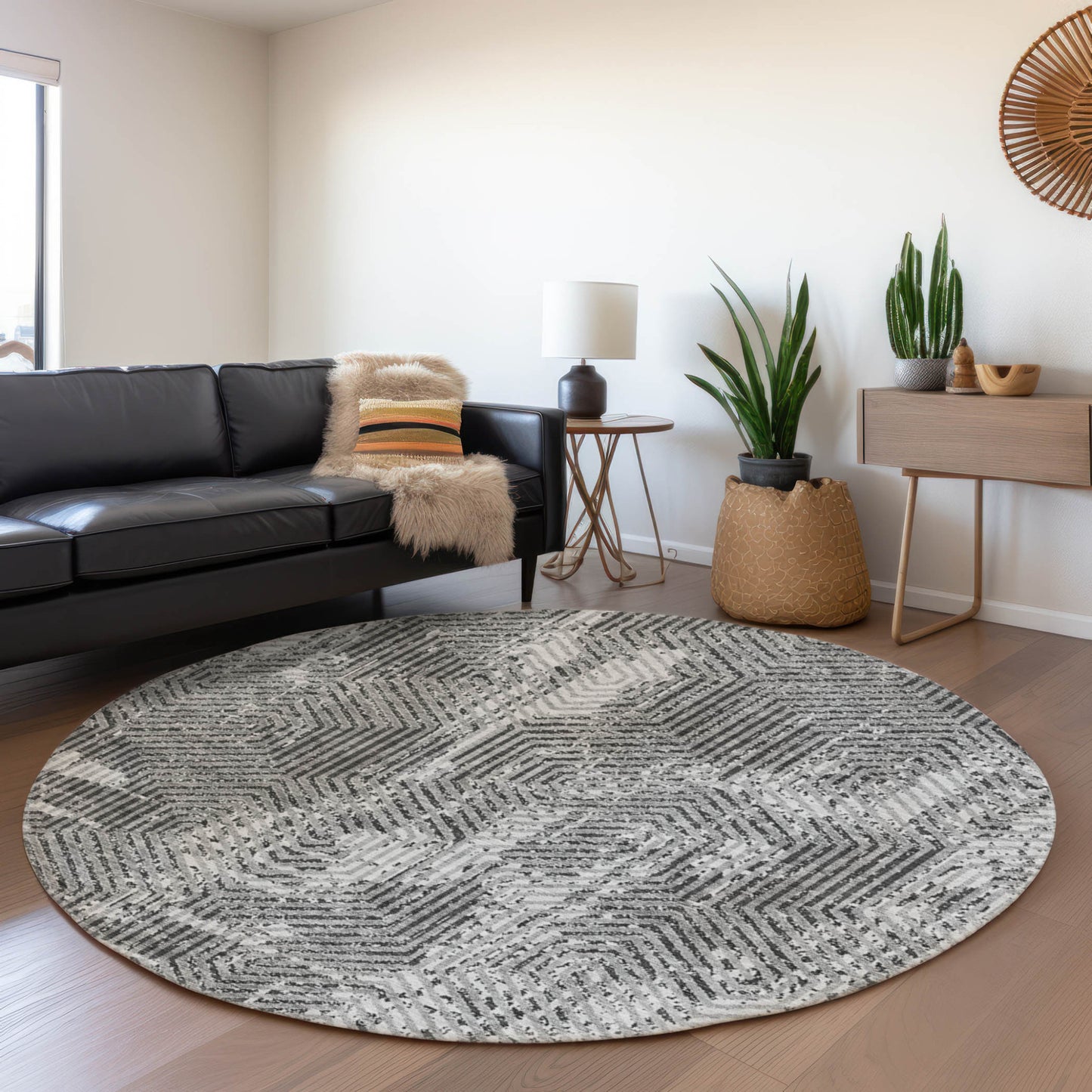 Tabselect Home Line 8' Gray And Charcoal Round Geometric Washable Indoor Outdoor Area Rug