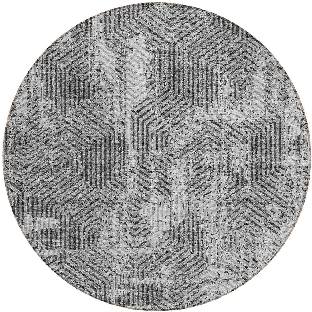Tabselect Home Line 8' Gray And Charcoal Round Geometric Washable Indoor Outdoor Area Rug