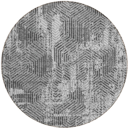 Tabselect Home Line 8' Gray And Charcoal Round Geometric Washable Indoor Outdoor Area Rug