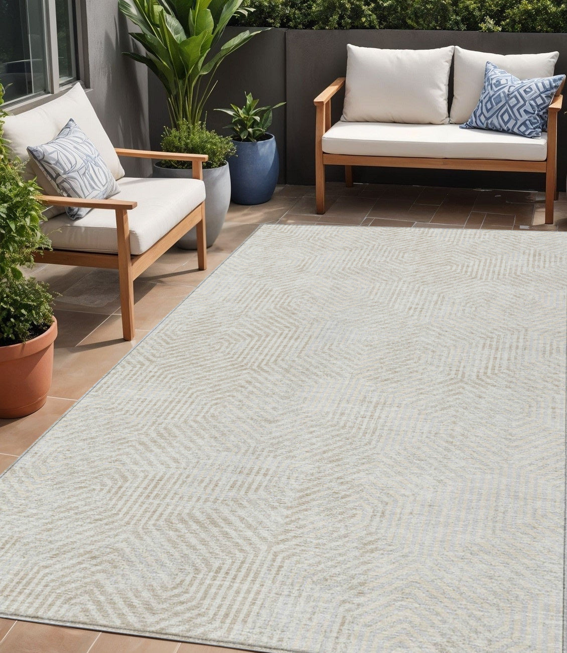 Tabselect Home Line 5' X 8' Ivory And Gray Geometric Washable Indoor Outdoor Area Rug
