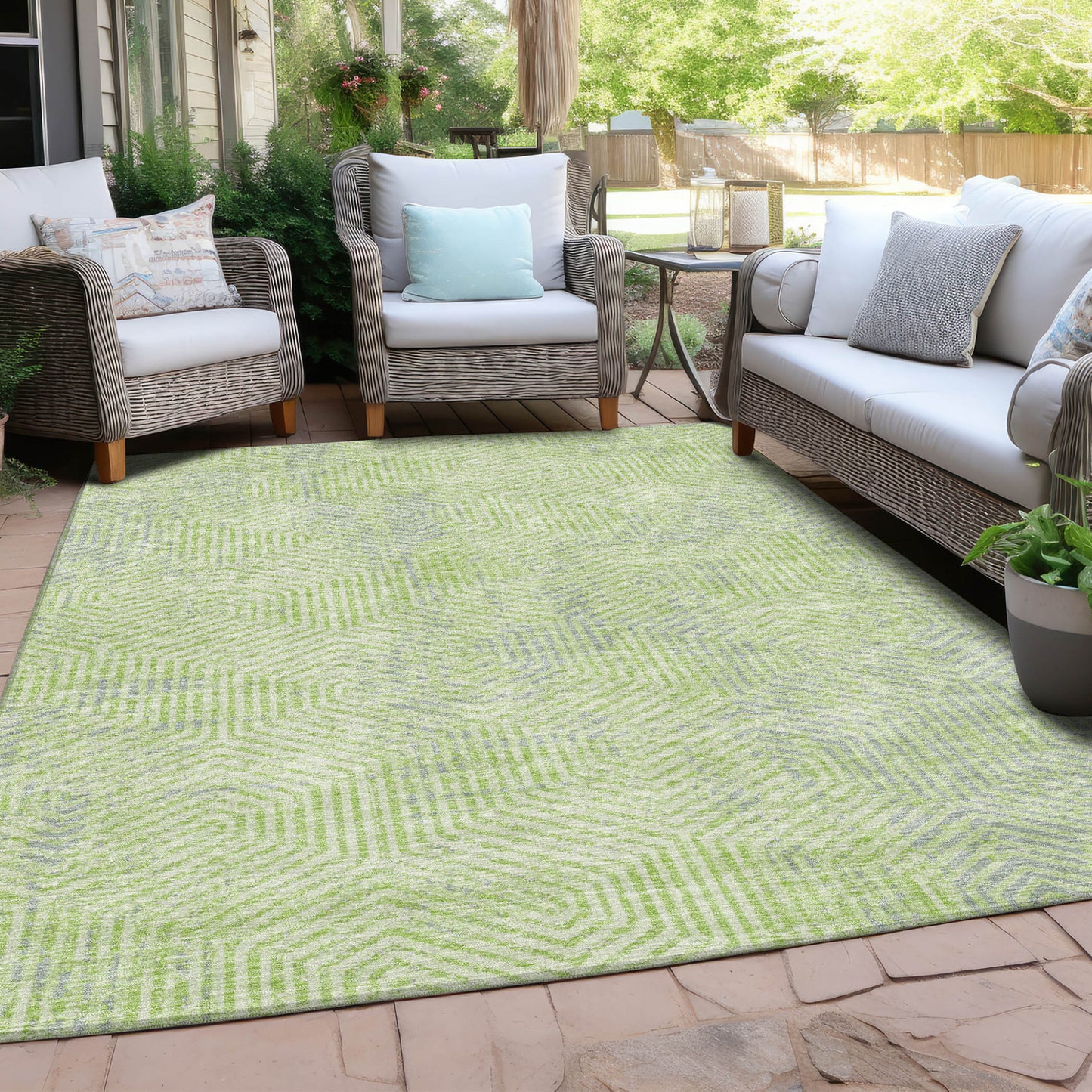 Tabselect Home Line 5' X 8' Lime Green Gray And Ivory Geometric Washable Indoor Outdoor Area Rug