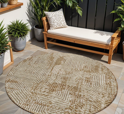 Tabselect Home Line 8' Brown And Beige Round Geometric Washable Indoor Outdoor Area Rug
