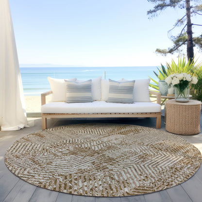 Tabselect Home Line 8' Brown And Beige Round Geometric Washable Indoor Outdoor Area Rug