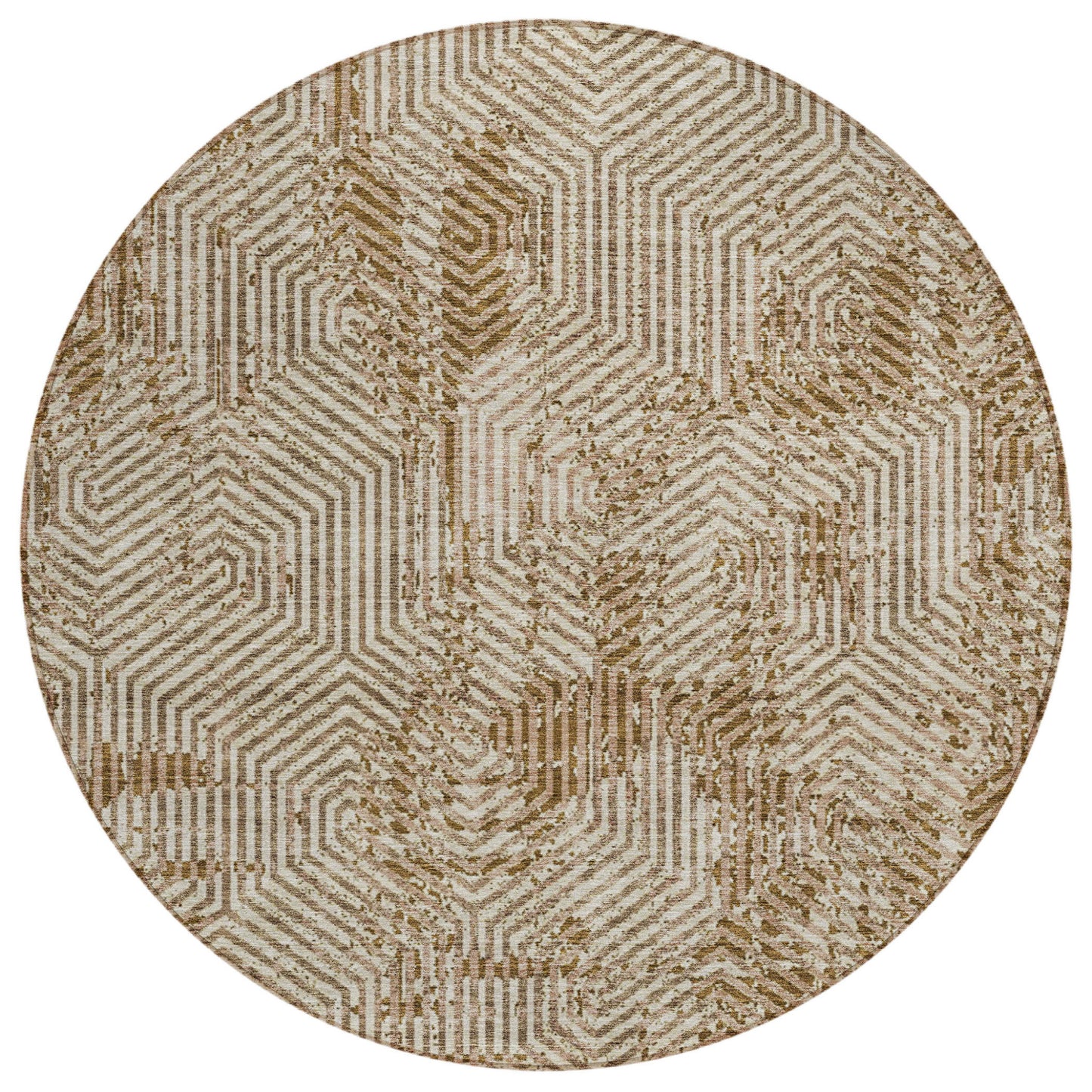 Tabselect Home Line 8' Brown And Beige Round Geometric Washable Indoor Outdoor Area Rug