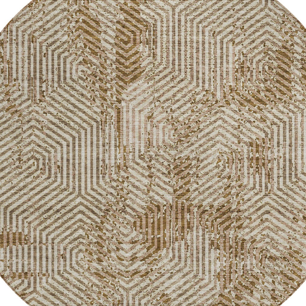 Tabselect Home Line 8' Brown And Beige Round Geometric Washable Indoor Outdoor Area Rug