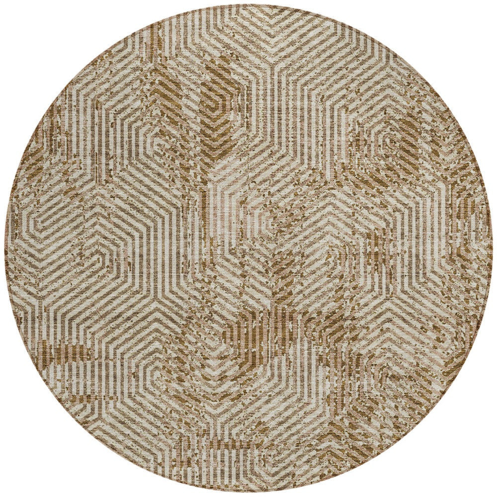 Tabselect Home Line 8' Brown And Beige Round Geometric Washable Indoor Outdoor Area Rug