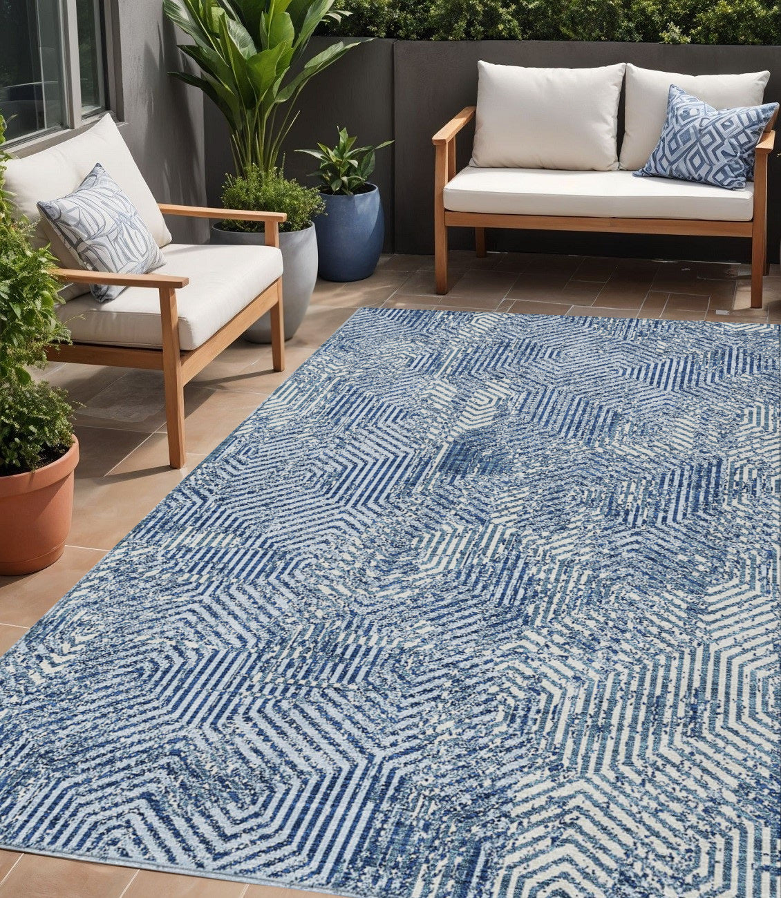 Tabselect Home Line 5' X 8' Navy Blue And Ivory Geometric Washable Indoor Outdoor Area Rug