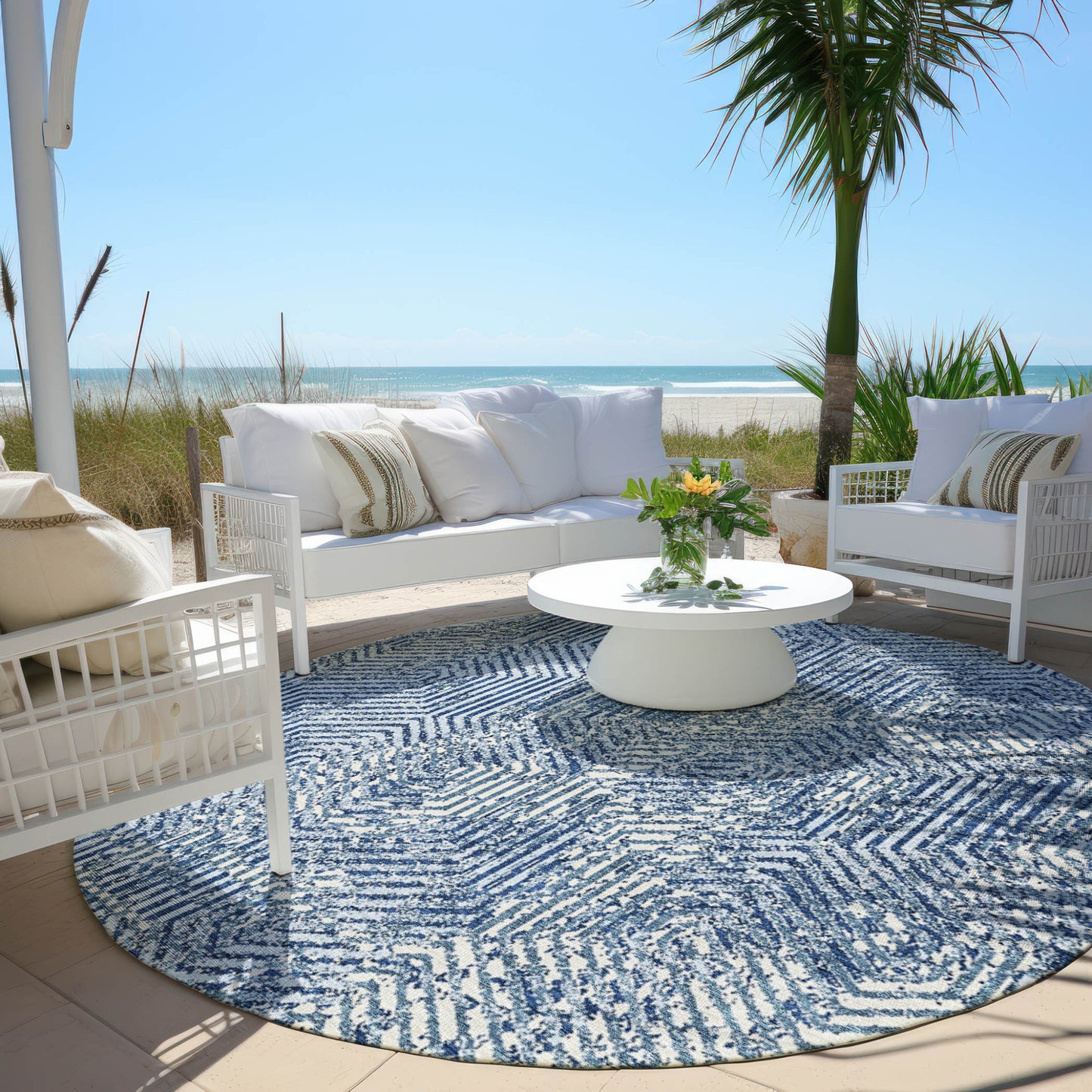 Tabselect Home Line 8' Navy Blue And Ivory Round Geometric Washable Indoor Outdoor Area Rug