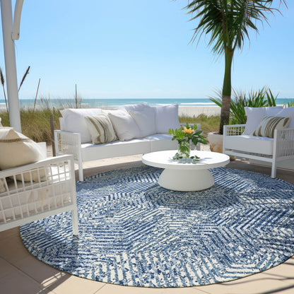 Tabselect Home Line 8' Navy Blue And Ivory Round Geometric Washable Indoor Outdoor Area Rug