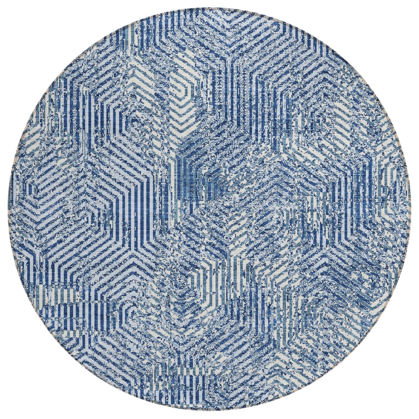 Tabselect Home Line 8' Navy Blue And Ivory Round Geometric Washable Indoor Outdoor Area Rug