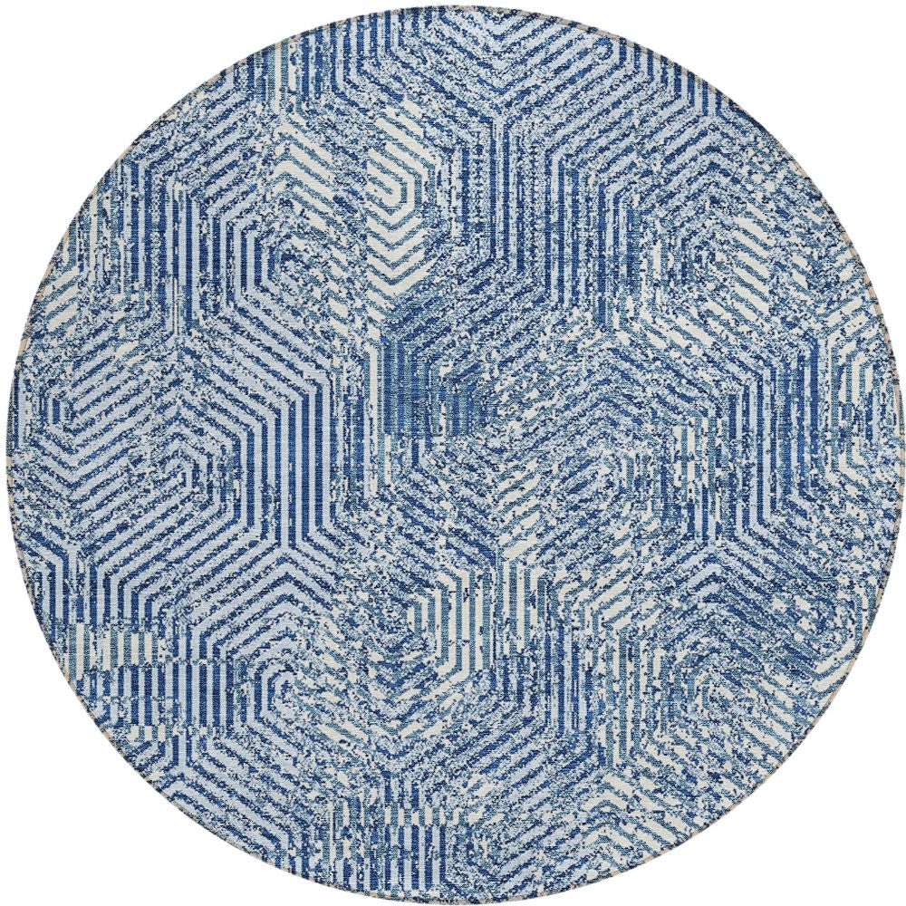 Tabselect Home Line 8' Navy Blue And Ivory Round Geometric Washable Indoor Outdoor Area Rug