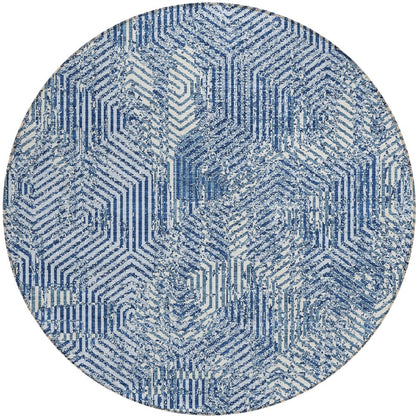 Tabselect Home Line 8' Navy Blue And Ivory Round Geometric Washable Indoor Outdoor Area Rug