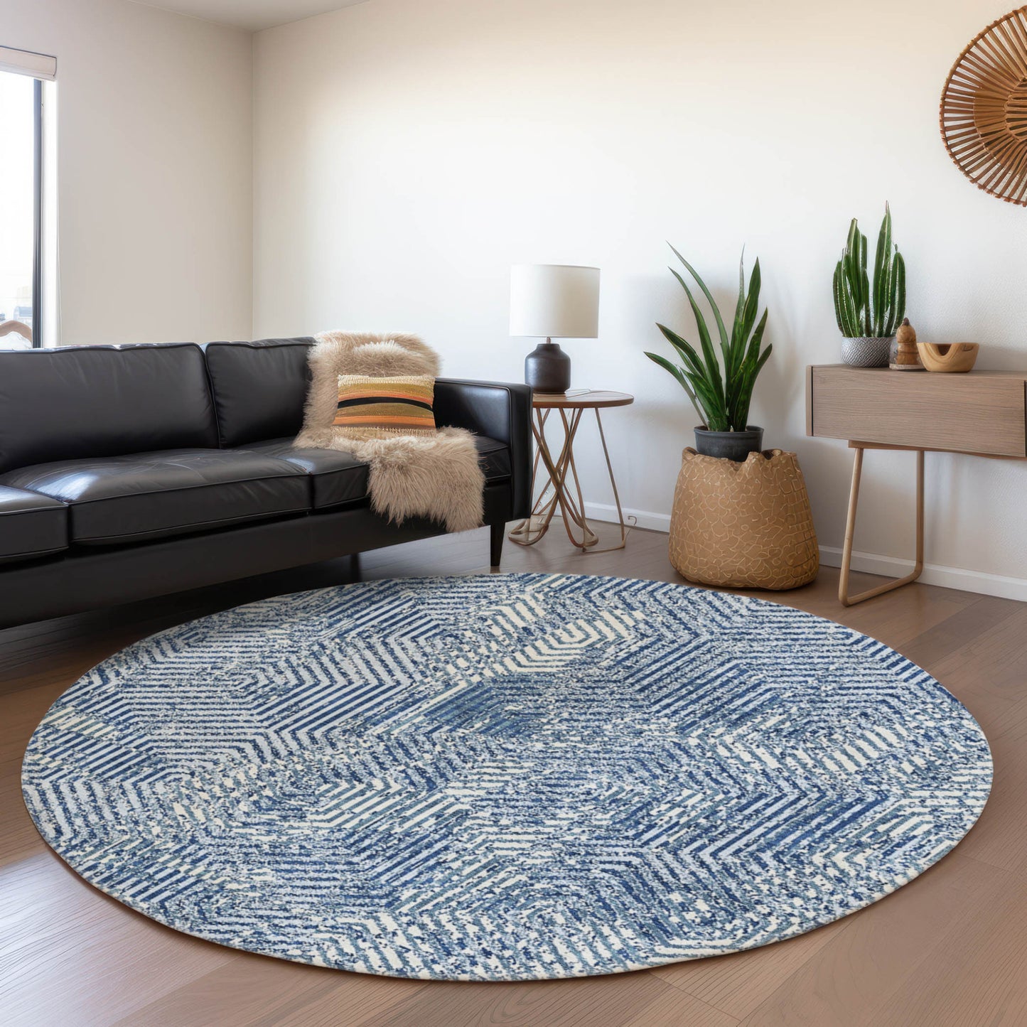 Tabselect Home Line 8' Navy Blue And Ivory Round Geometric Washable Indoor Outdoor Area Rug