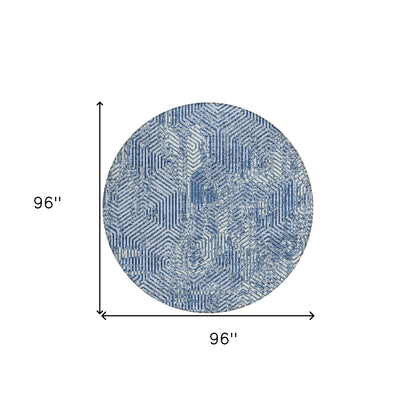 Tabselect Home Line 8' Navy Blue And Ivory Round Geometric Washable Indoor Outdoor Area Rug