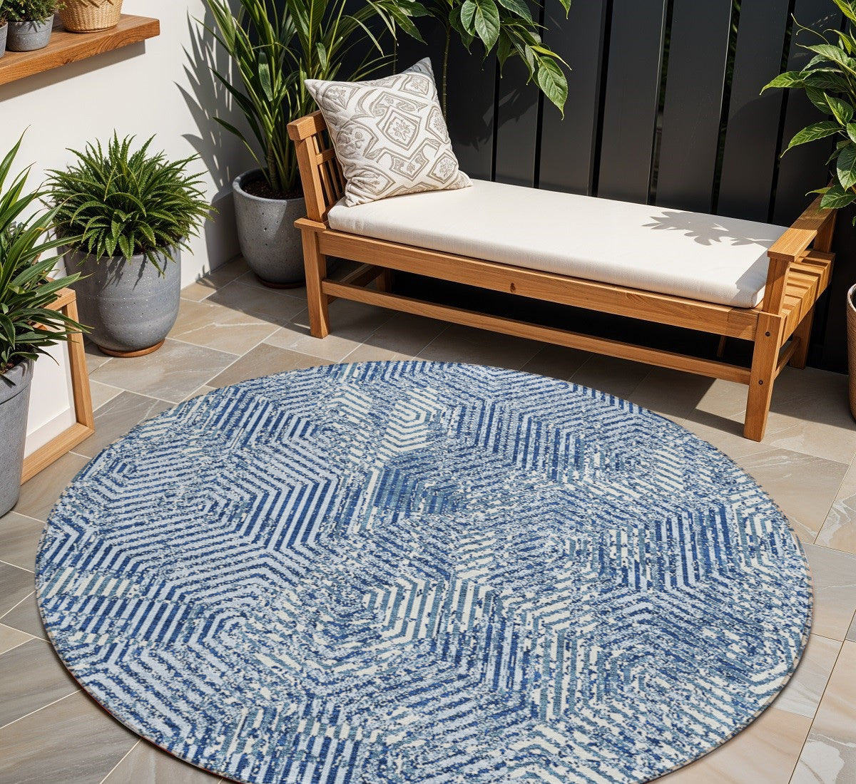 Tabselect Home Line 8' Navy Blue And Ivory Round Geometric Washable Indoor Outdoor Area Rug