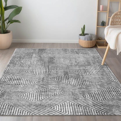 Tabselect Home Line 5' X 8' Silver And Gray Geometric Washable Indoor Outdoor Area Rug