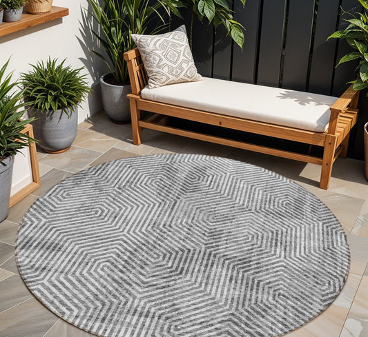 Tabselect Home Line 8' Silver And Gray Round Geometric Washable Indoor Outdoor Area Rug