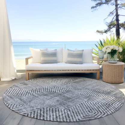 Tabselect Home Line 8' Silver And Gray Round Geometric Washable Indoor Outdoor Area Rug