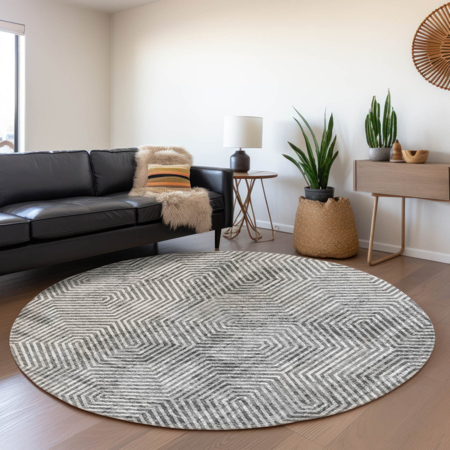 Tabselect Home Line 8' Silver And Gray Round Geometric Washable Indoor Outdoor Area Rug