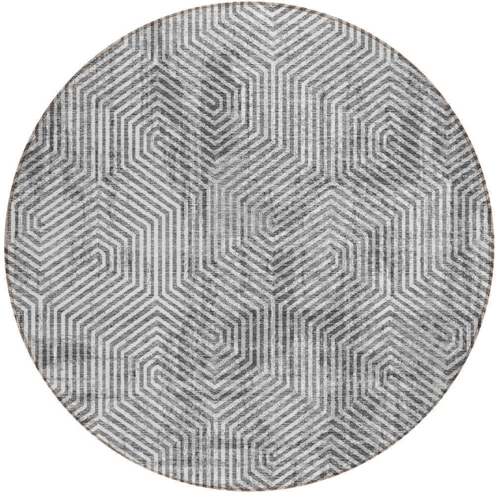 Tabselect Home Line 8' Silver And Gray Round Geometric Washable Indoor Outdoor Area Rug