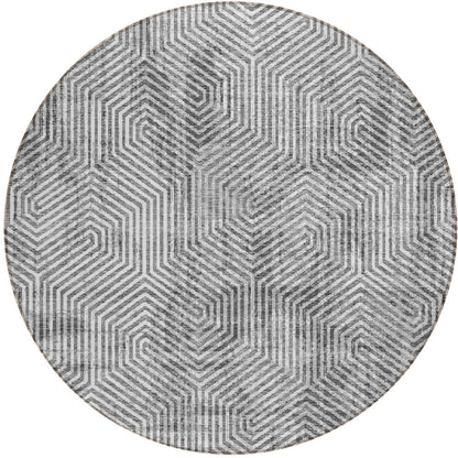 Tabselect Home Line 8' Silver And Gray Round Geometric Washable Indoor Outdoor Area Rug