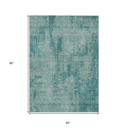 Tabselect Home Line 5' X 8' Teal Blue And Gray Geometric Washable Indoor Outdoor Area Rug