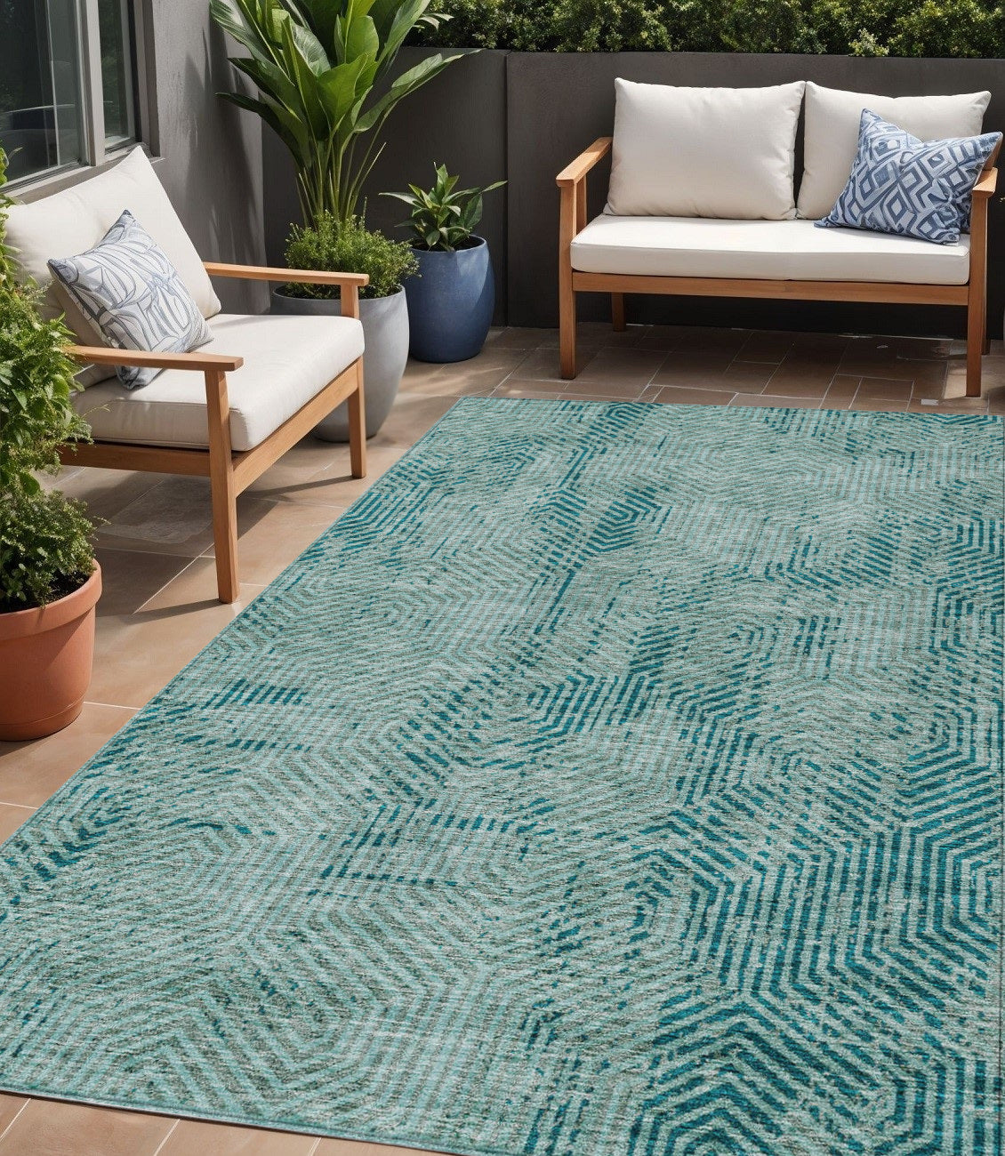 Tabselect Home Line 5' X 8' Teal Blue And Gray Geometric Washable Indoor Outdoor Area Rug