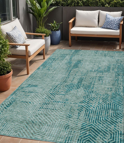Tabselect Home Line 5' X 8' Teal Blue And Gray Geometric Washable Indoor Outdoor Area Rug