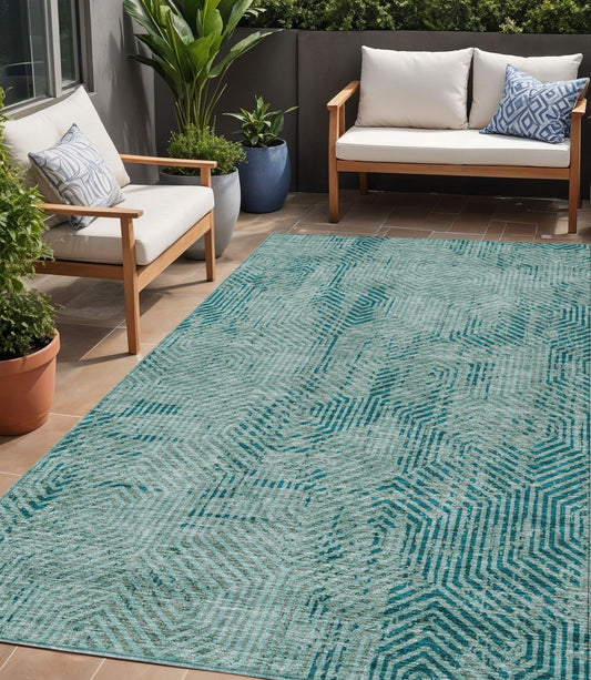 Tabselect Home Line 5' X 8' Teal Blue And Gray Geometric Washable Indoor Outdoor Area Rug