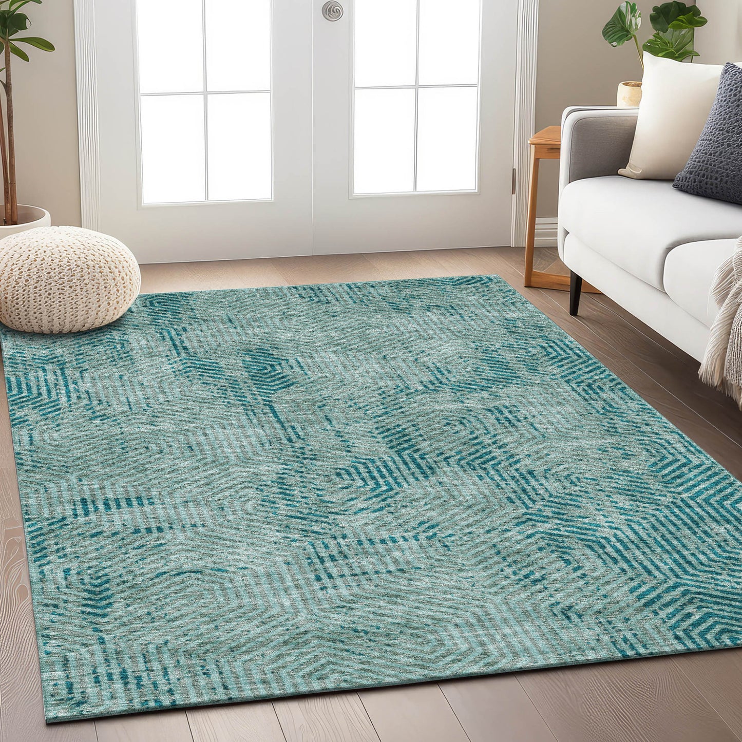 Tabselect Home Line 5' X 8' Teal Blue And Gray Geometric Washable Indoor Outdoor Area Rug