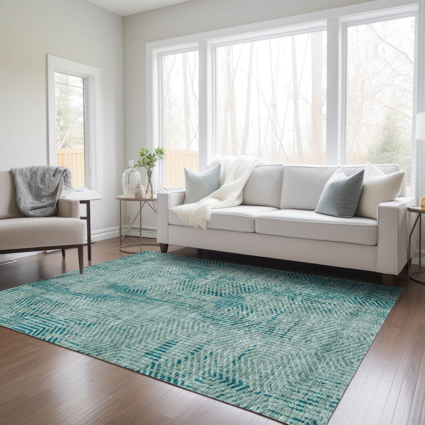 Tabselect Home Line 5' X 8' Teal Blue And Gray Geometric Washable Indoor Outdoor Area Rug