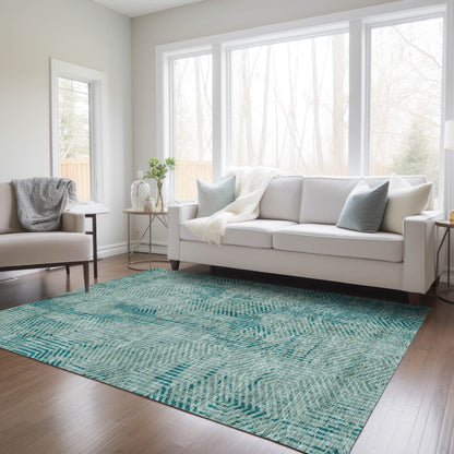 Tabselect Home Line 5' X 8' Teal Blue And Gray Geometric Washable Indoor Outdoor Area Rug