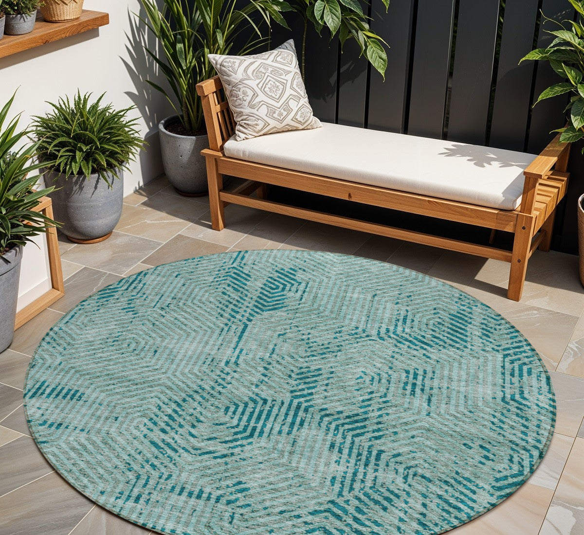 Tabselect Home Line 8' Teal Blue And Gray Round Geometric Washable Indoor Outdoor Area Rug