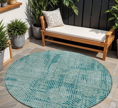 Tabselect Home Line 8' Teal Blue And Gray Round Geometric Washable Indoor Outdoor Area Rug