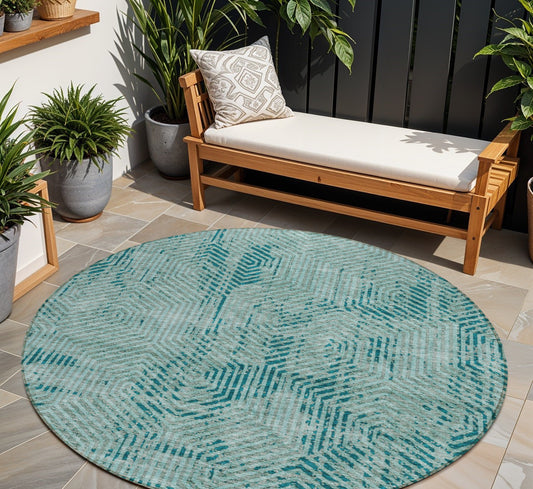 Tabselect Home Line 8' Teal Blue And Gray Round Geometric Washable Indoor Outdoor Area Rug