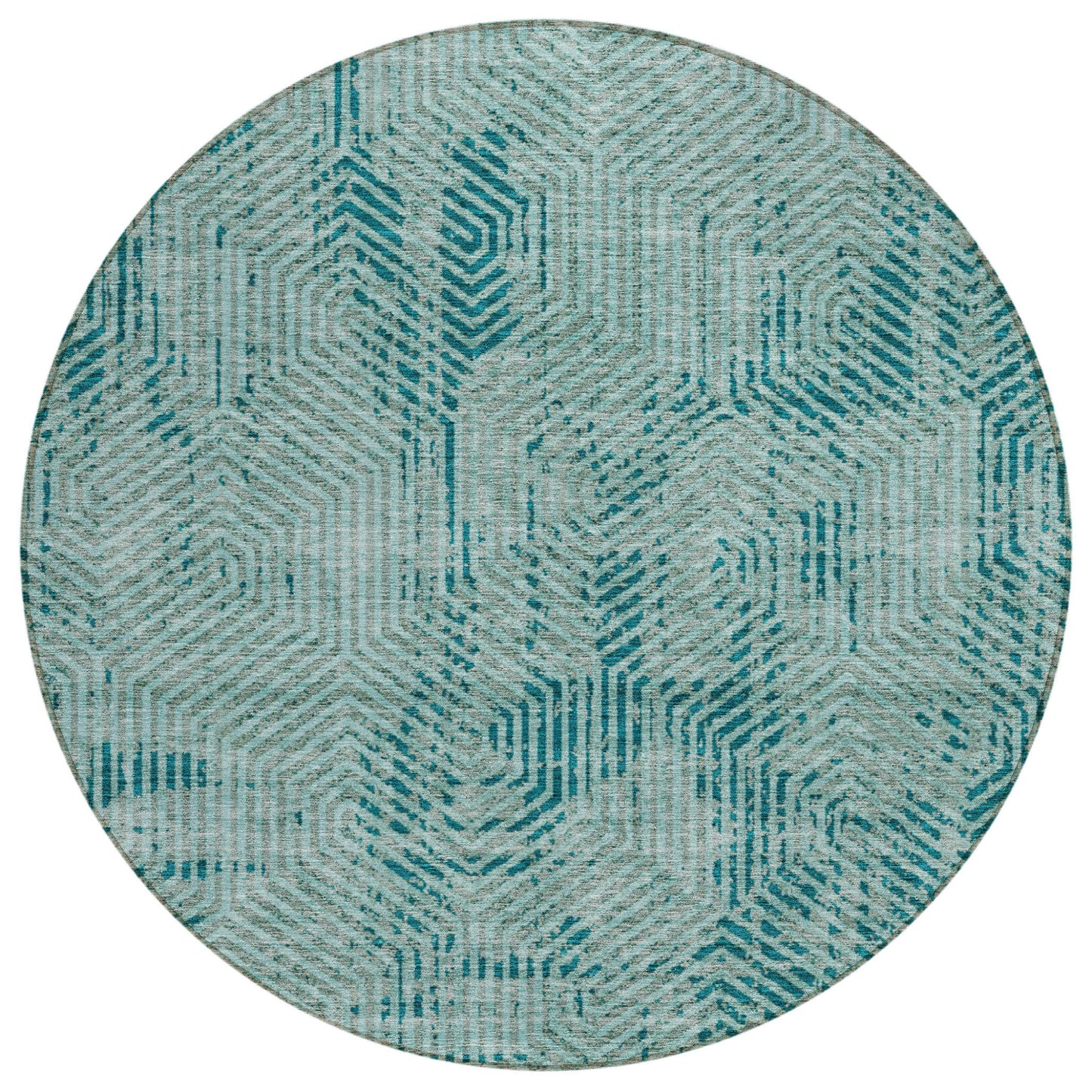 Tabselect Home Line 8' Teal Blue And Gray Round Geometric Washable Indoor Outdoor Area Rug