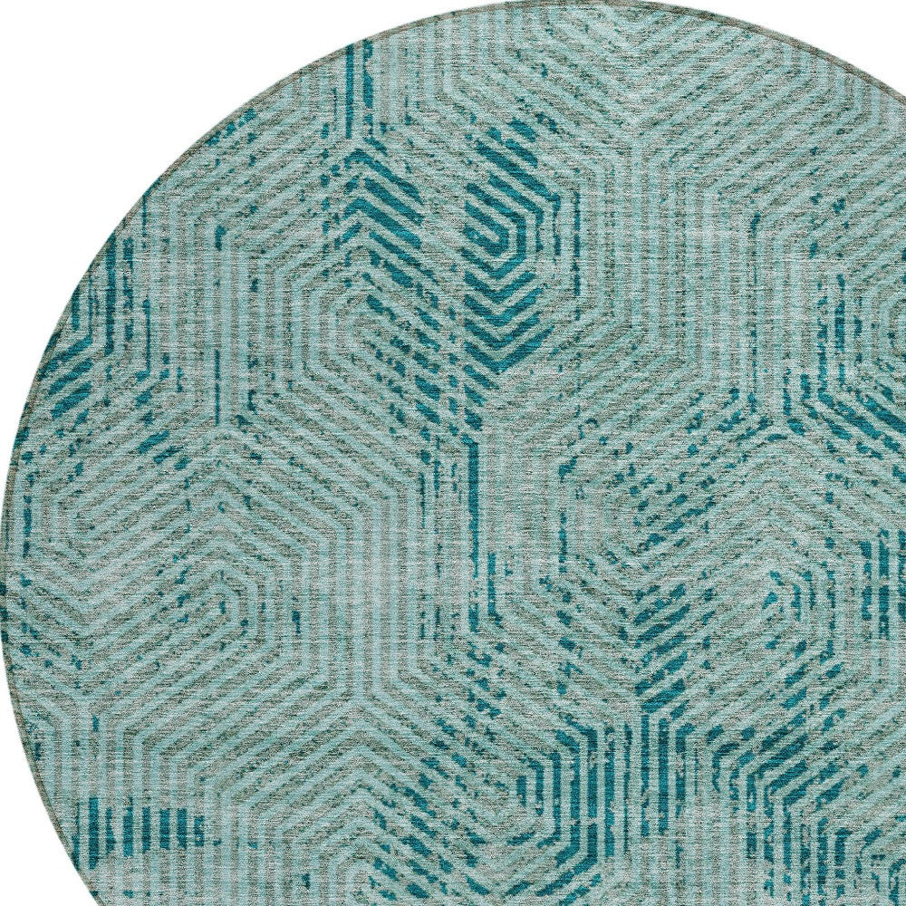 Tabselect Home Line 8' Teal Blue And Gray Round Geometric Washable Indoor Outdoor Area Rug