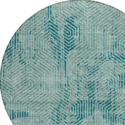 Tabselect Home Line 8' Teal Blue And Gray Round Geometric Washable Indoor Outdoor Area Rug
