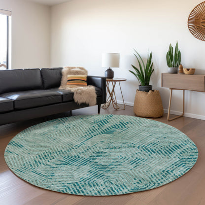 Tabselect Home Line 8' Teal Blue And Gray Round Geometric Washable Indoor Outdoor Area Rug
