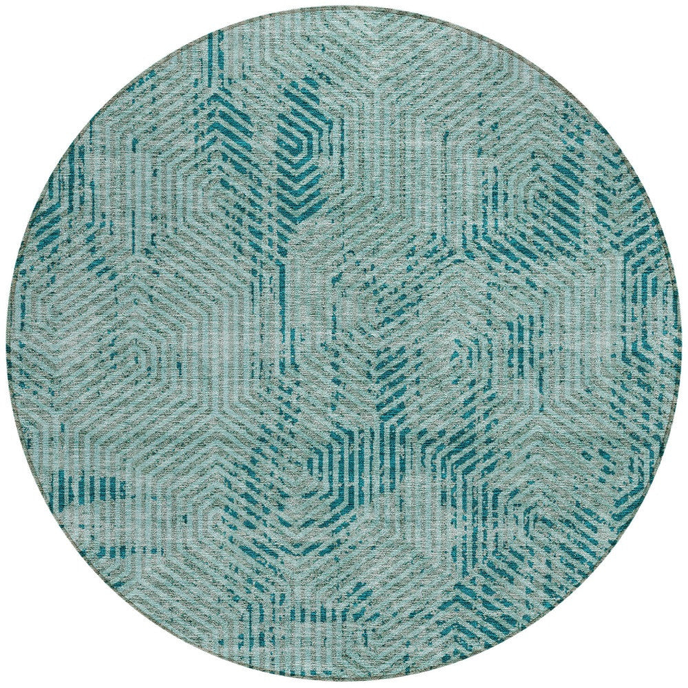 Tabselect Home Line 8' Teal Blue And Gray Round Geometric Washable Indoor Outdoor Area Rug