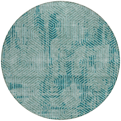 Tabselect Home Line 8' Teal Blue And Gray Round Geometric Washable Indoor Outdoor Area Rug